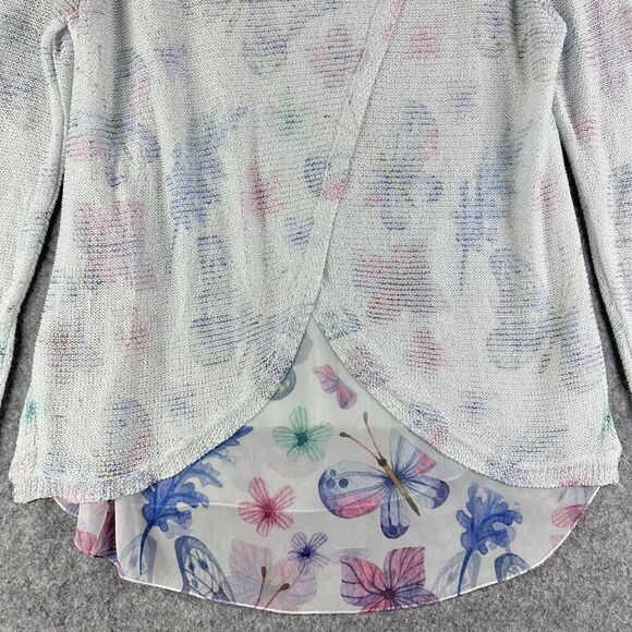 SIONI Pullover Sweater Womens L Butterfly Floral Knit Chiffon Layered Split Back - Picture 7 of 11